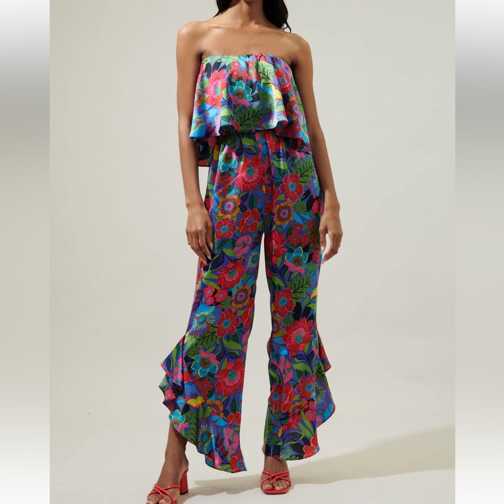 Santa Elena Lanah Strapless Satin Ruffle Jumpsuit